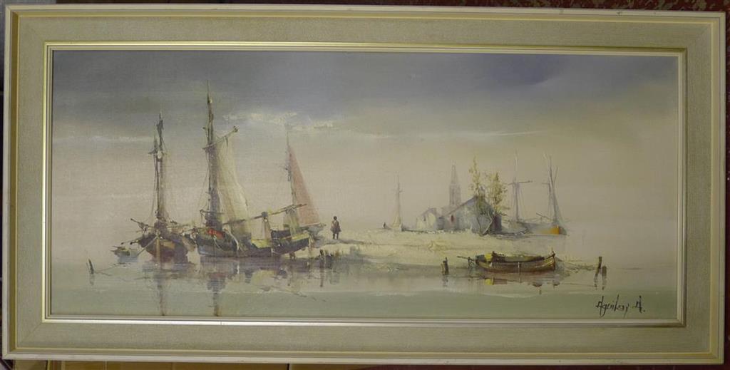 Jorge Aguilar Fishing boats at anchor 44 x 106cm
